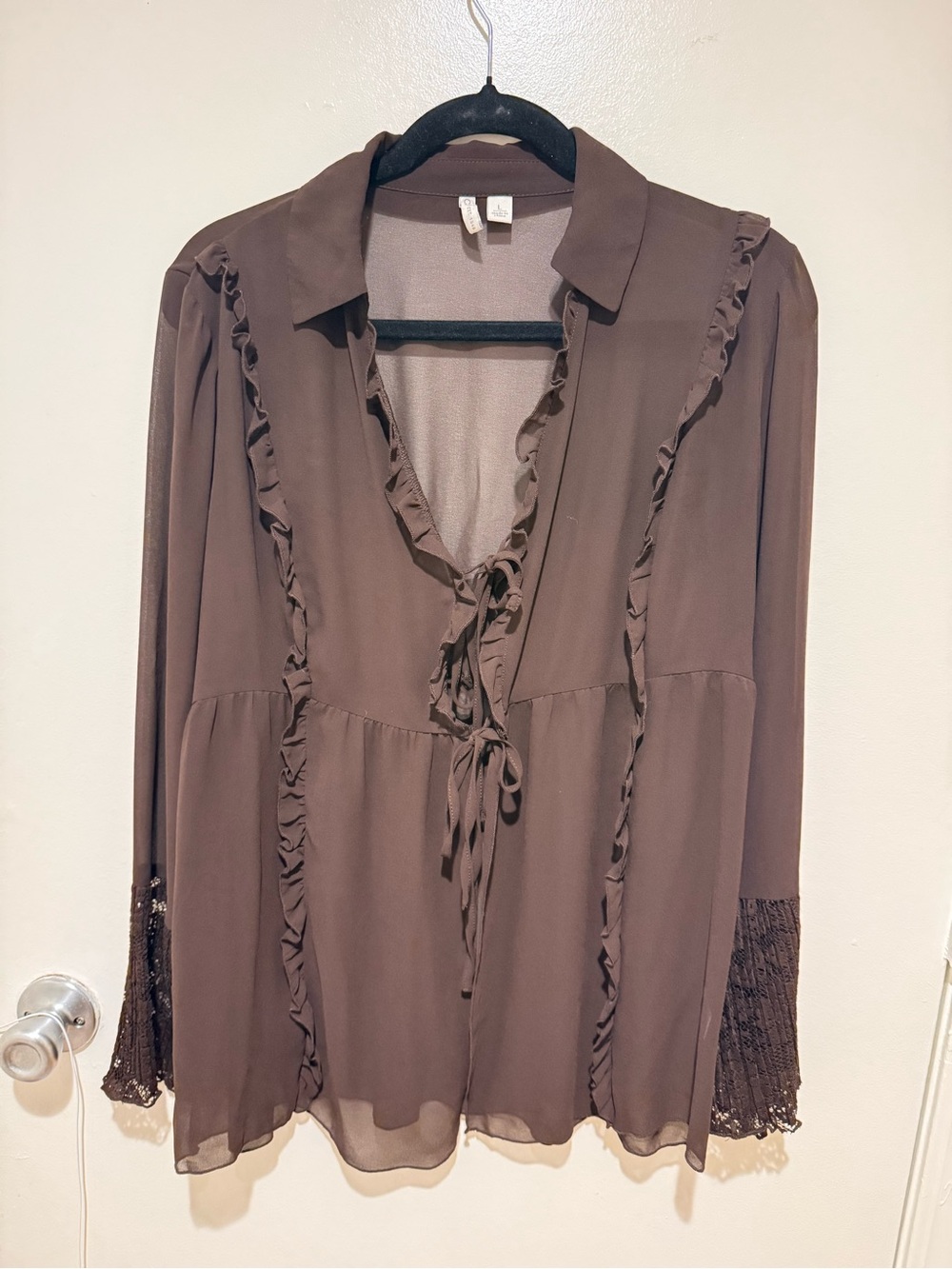 Cato Brown Bohemian Lightweight Blouse with Ties, ruffles and lace size Large